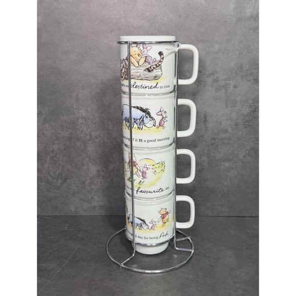 Set Of 4 Disney Winnie The Pooh Stacking Coffee Mugs With Metal Rack - Picture 2 of 7